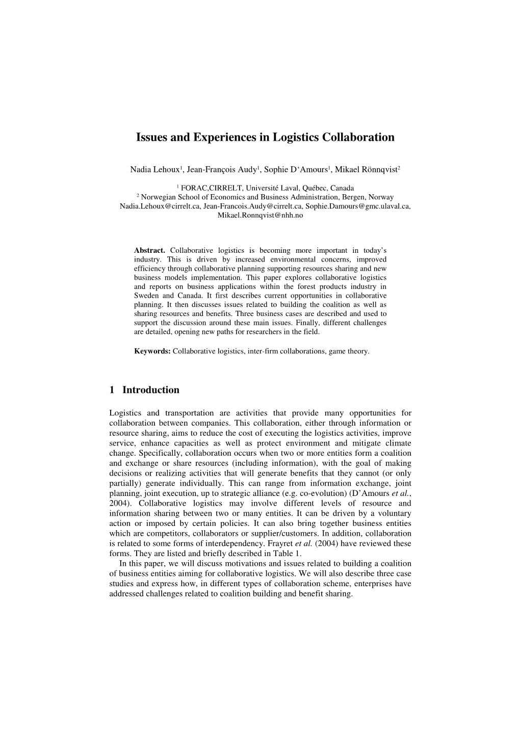 Issues and Experiences in Logistics Collaboration