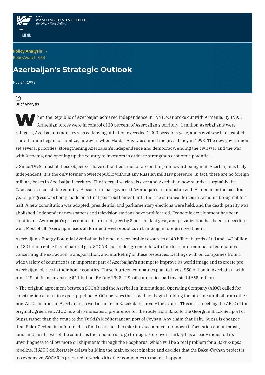 Azerbaijan's Strategic Outlook | the Washington Institute