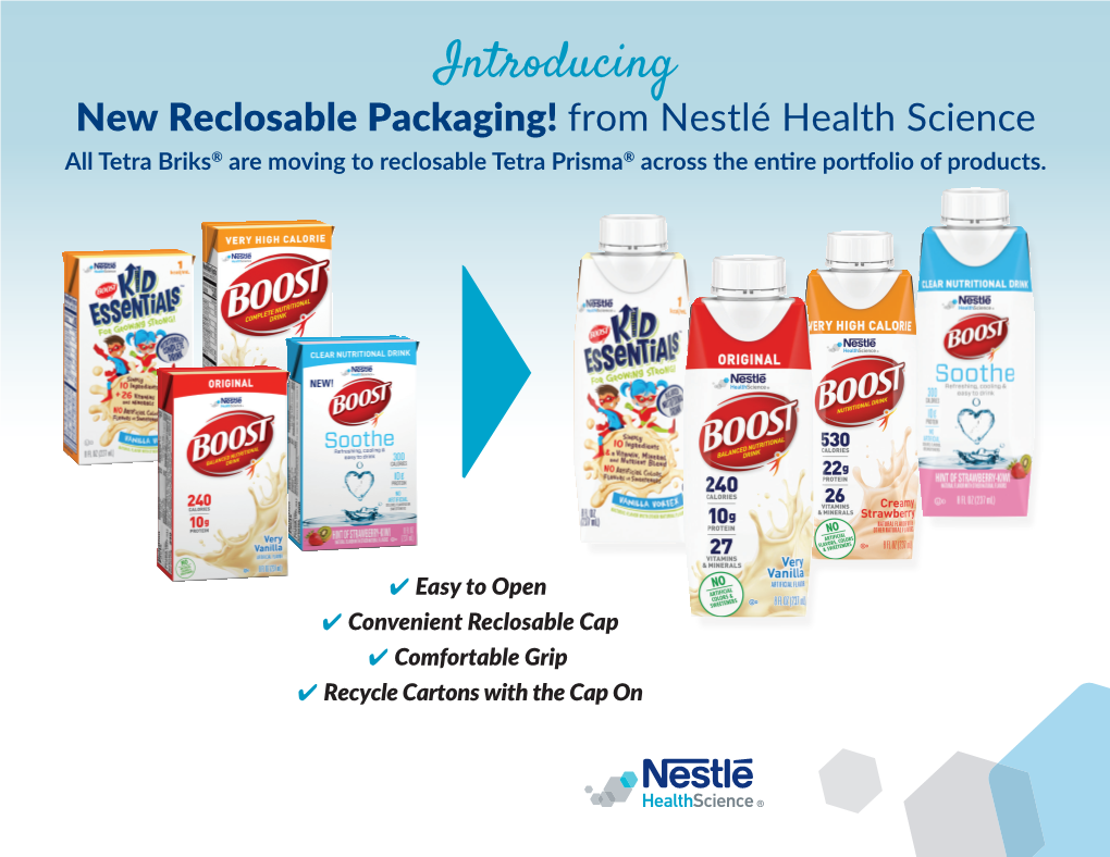 Introducing New Reclosable Packaging! from Nestlé Health Science All Tetra Briks® Are Moving to Reclosable Tetra Prisma® Across the Entire Portfolio of Products