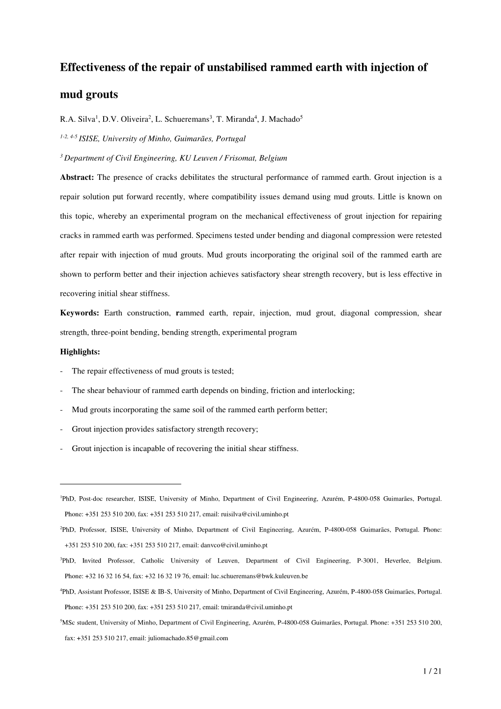 Effectiveness of the Repair of Unstabilised Rammed Earth with Injection of Mud Grouts