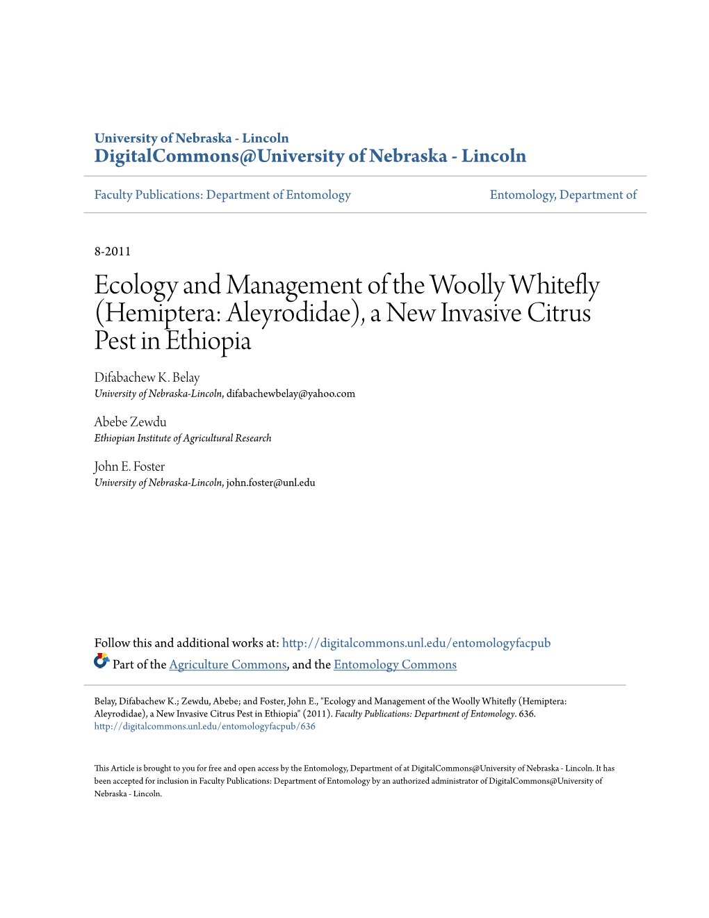 (Hemiptera: Aleyrodidae), a New Invasive Citrus Pest in Ethiopia Difabachew K