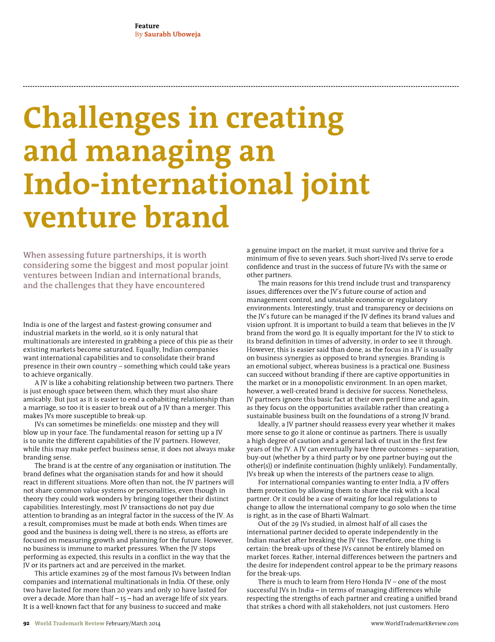 Challenges in Creating and Managing an Indo-International Joint Venture Brand