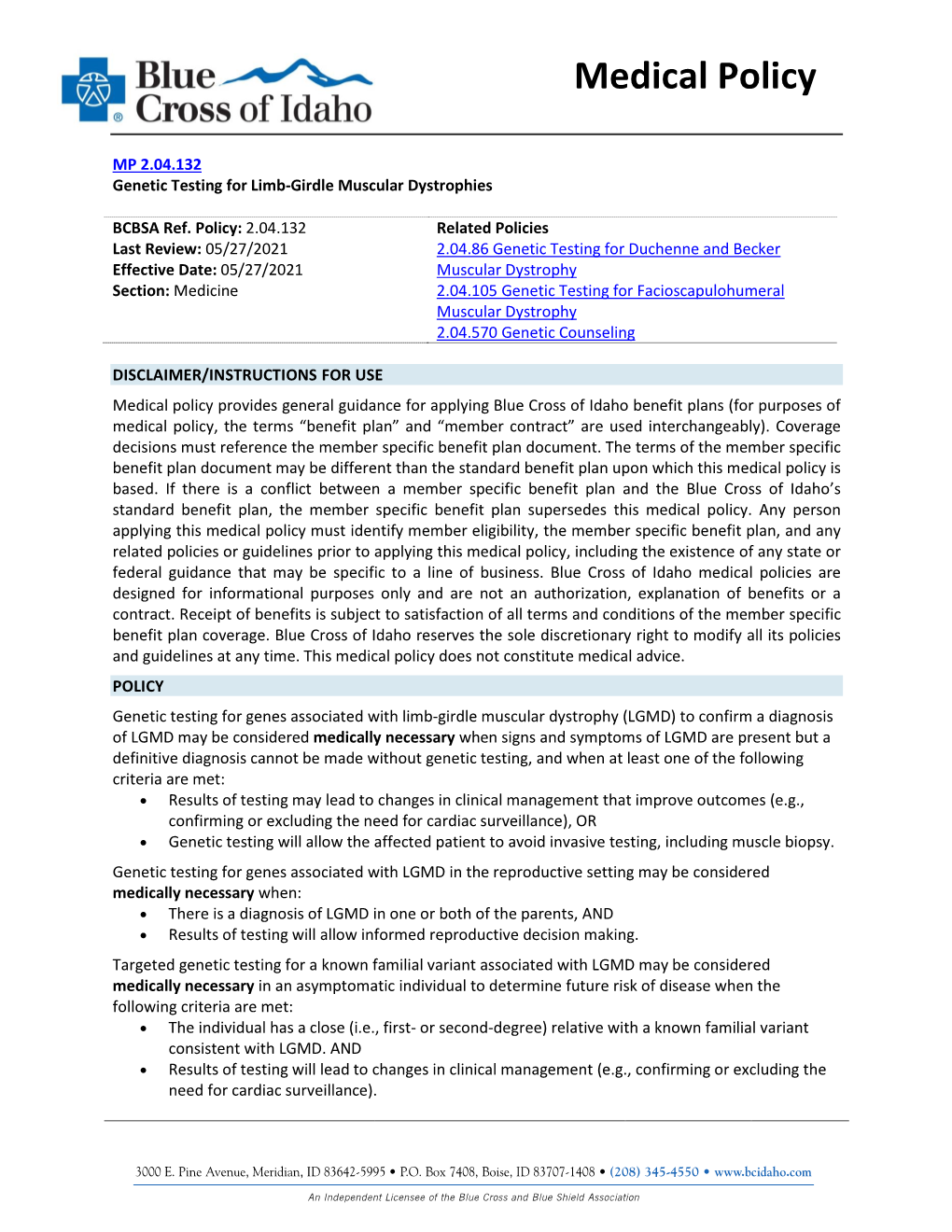 2.04.132 Genetic Testing for Limb-Girdle Muscular Dystrophies