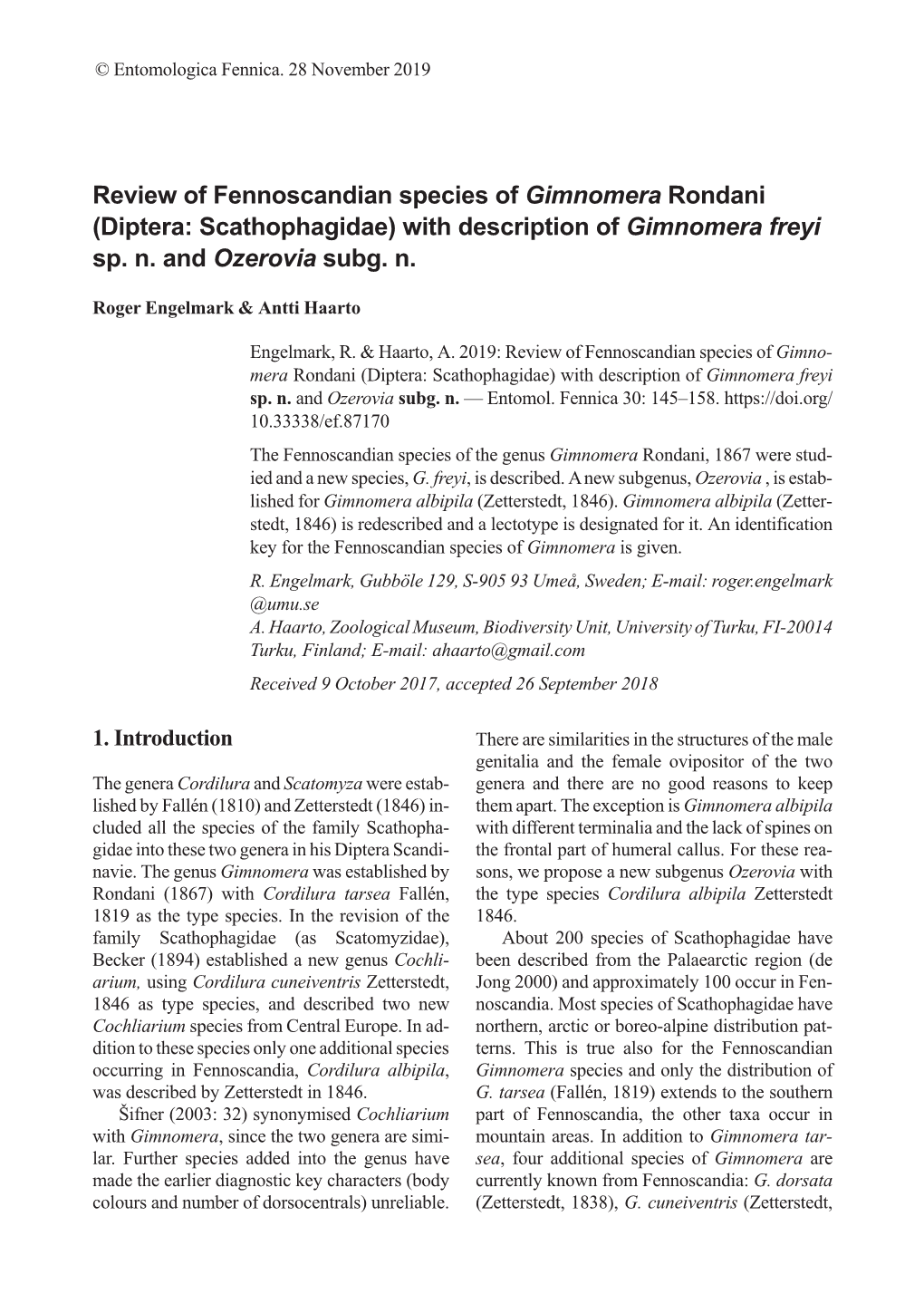 Diptera: Scathophagidae) with Description of Gimnomera Freyi Sp