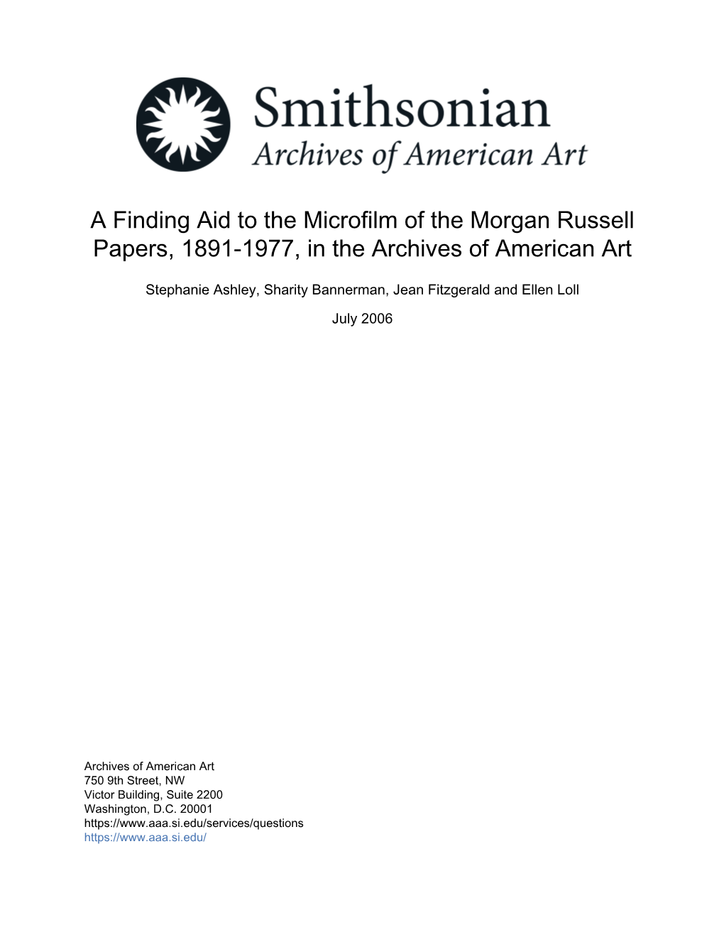 A Finding Aid to the Microfilm of the Morgan Russell Papers, 1891-1977, in the Archives of American Art