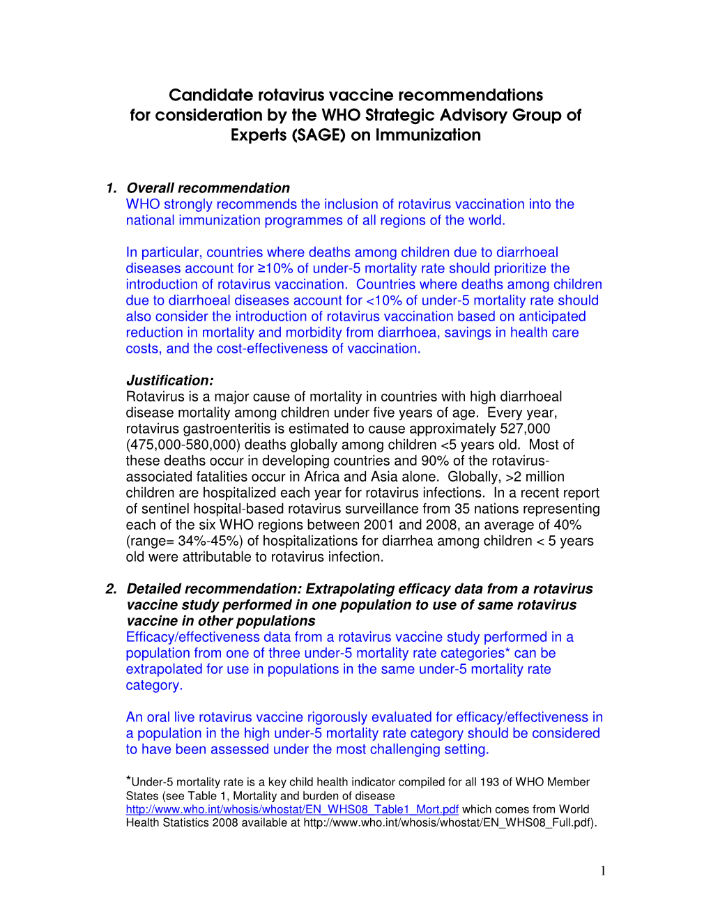 Candidate Rotavirus Vaccine Recommendations for Consideration by the WHO Strategic Advisory Group of Experts (SAGE) on Immunization