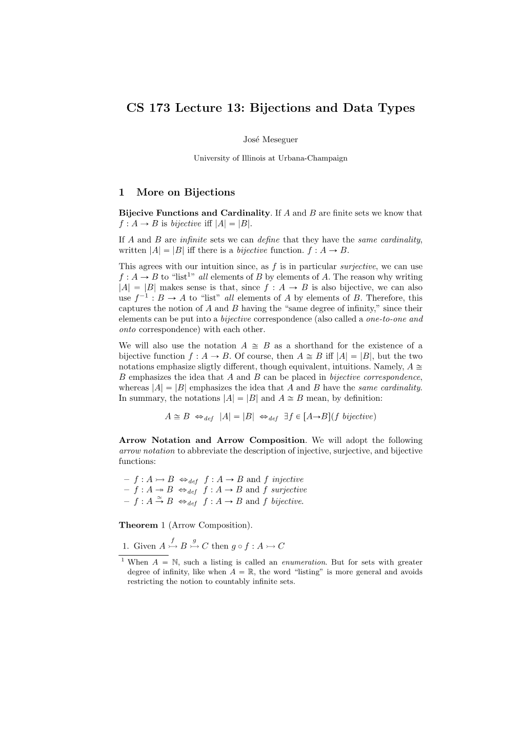 CS 173 Lecture 13: Bijections and Data Types