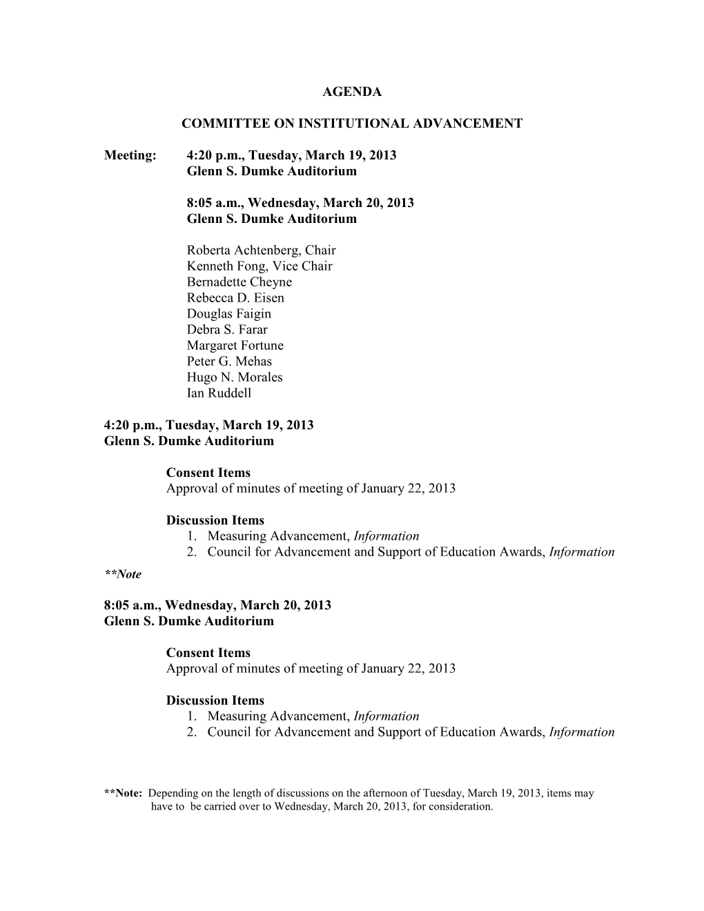 Agenda Committee on Institutional Advancement