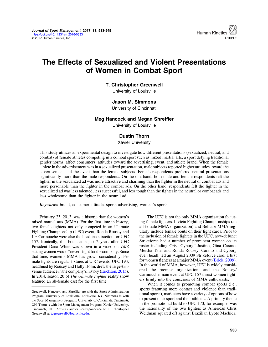 The Effects of Sexualized and Violent Presentations of Women in Combat Sport