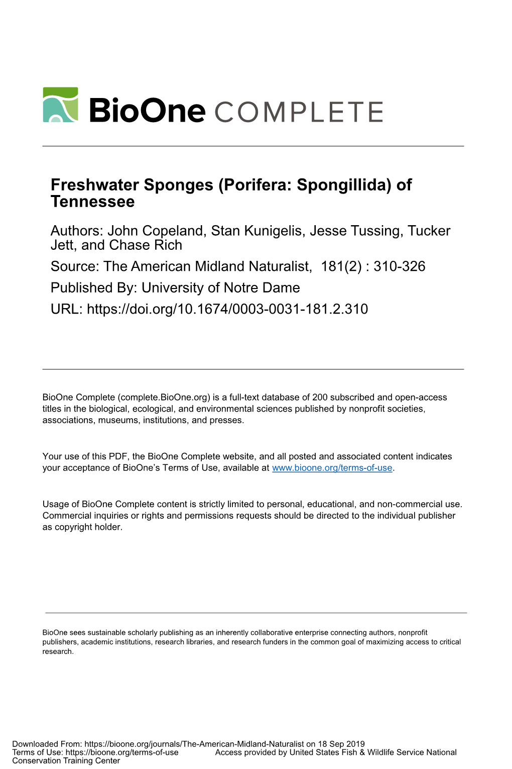 Freshwater Sponges (Porifera: Spongillida) of Tennessee