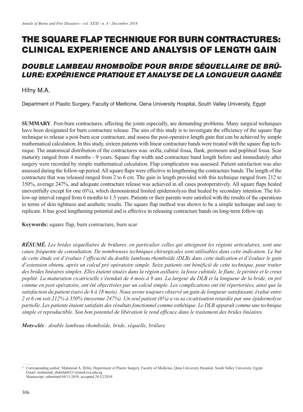 The Square Flap Technique for Burn Contractures: Clinical Experience and Analysis of Length Gain