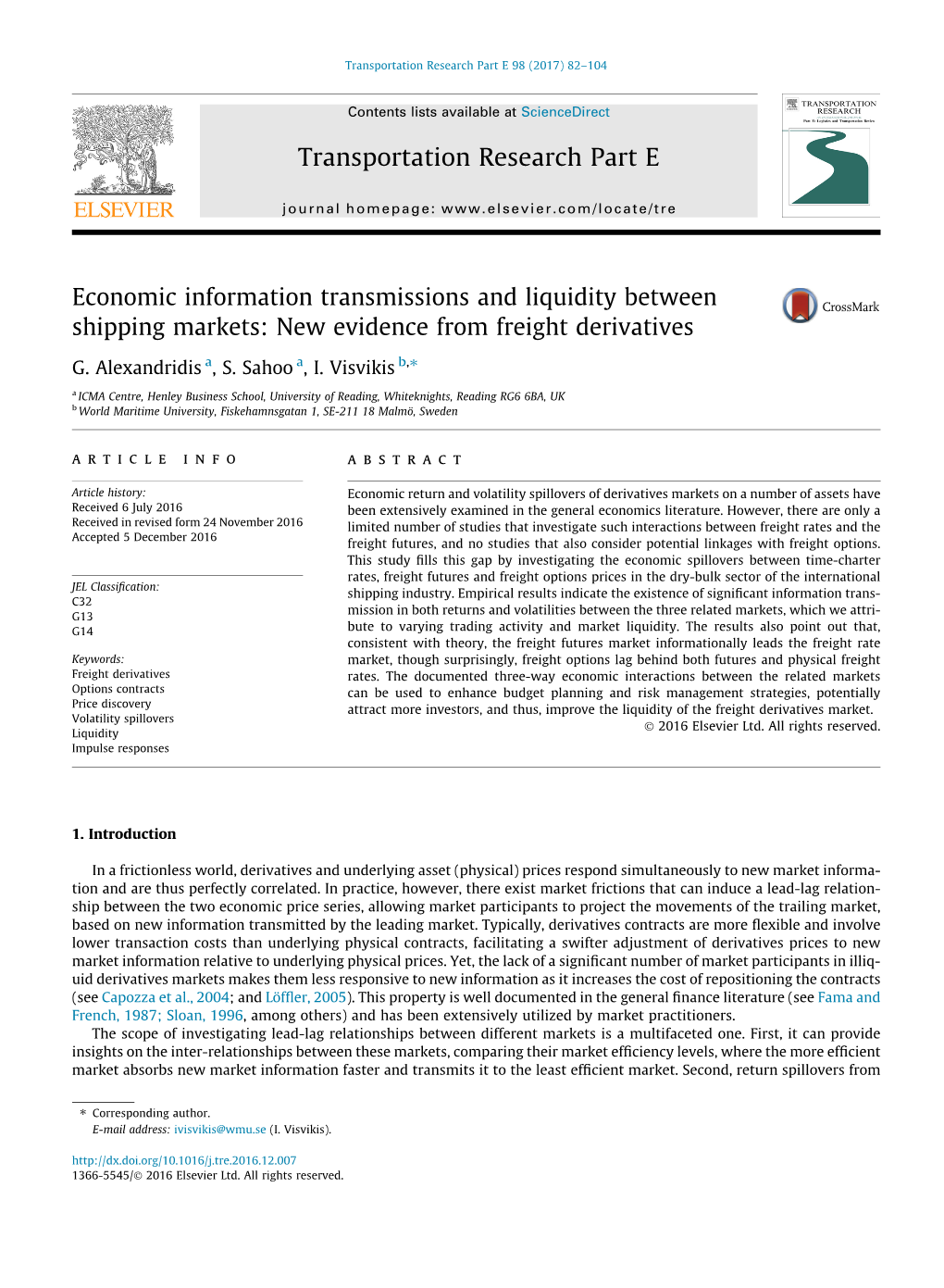 Economic Information Transmissions and Liquidity Between Shipping Markets: New Evidence from Freight Derivatives ⇑ G