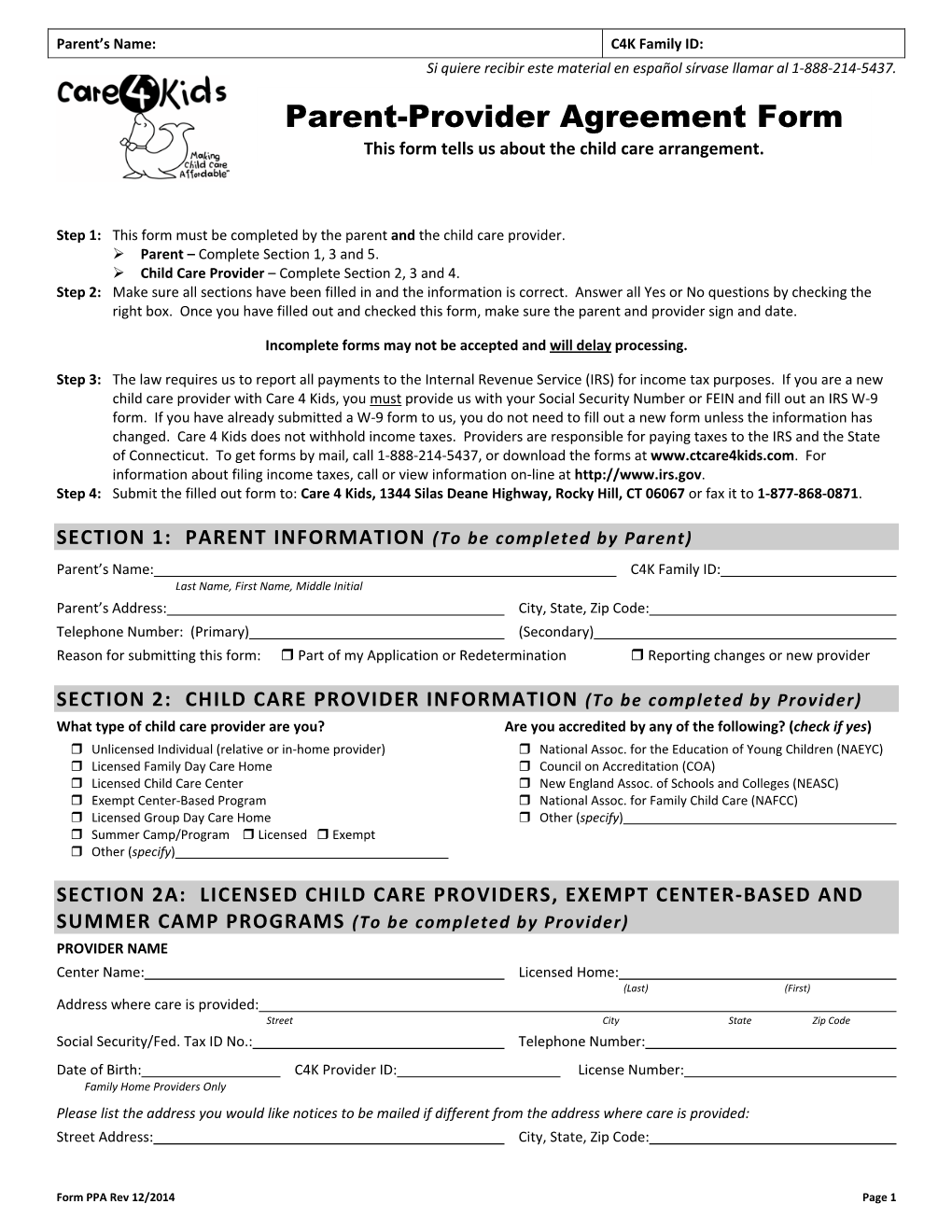 Parent-Provider Agreement Form This Form Tells Us About the Child Care Arrangement