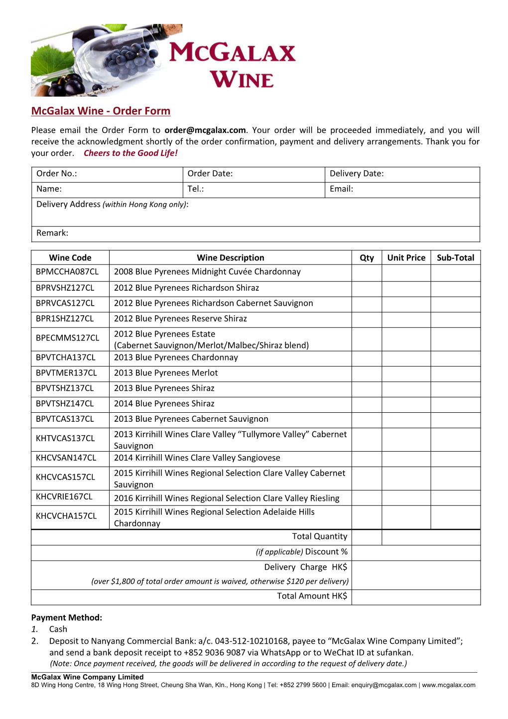 Mcgalax Wine - Order Form Please Email the Order Form to Order@Mcgalax.Com