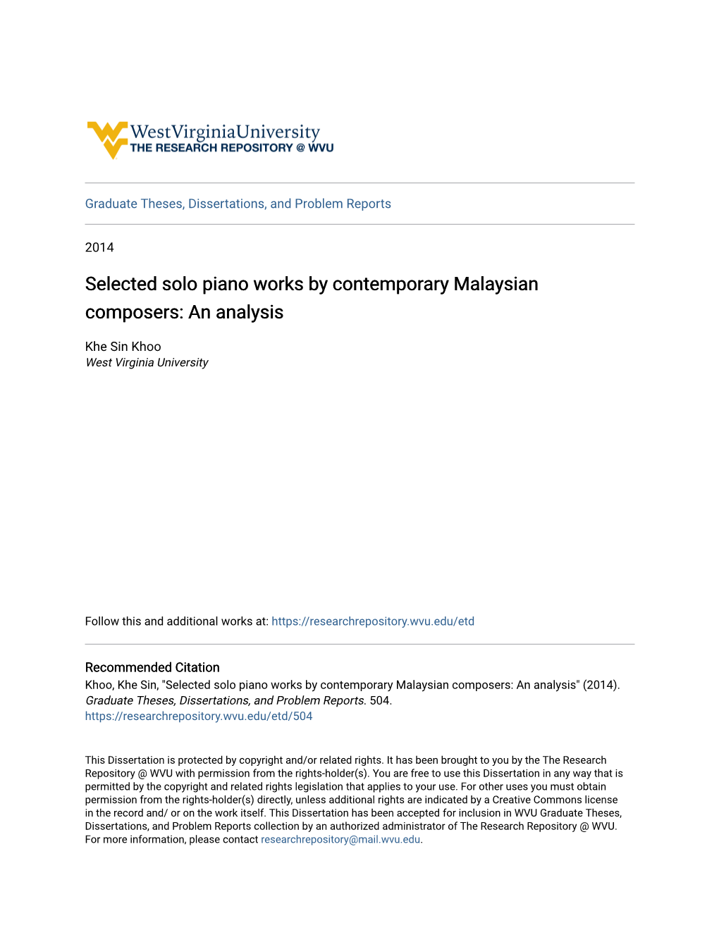 Selected Solo Piano Works by Contemporary Malaysian Composers: an Analysis
