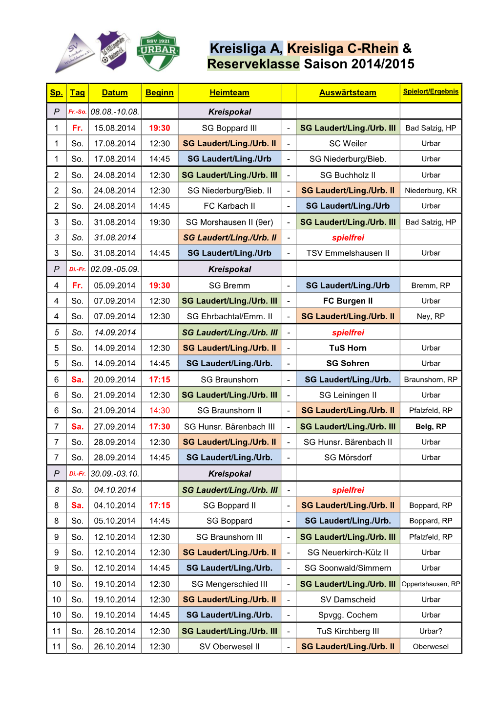 Spielplan SG Laudert/Lingerhahn