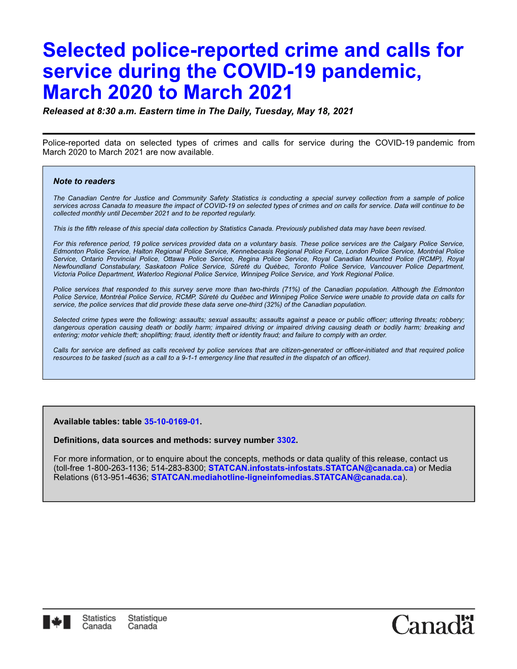 Selected Police-Reported Crime and Calls for Service During the COVID-19 Pandemic, March 2020 to March 2021 Released at 8:30 A.M