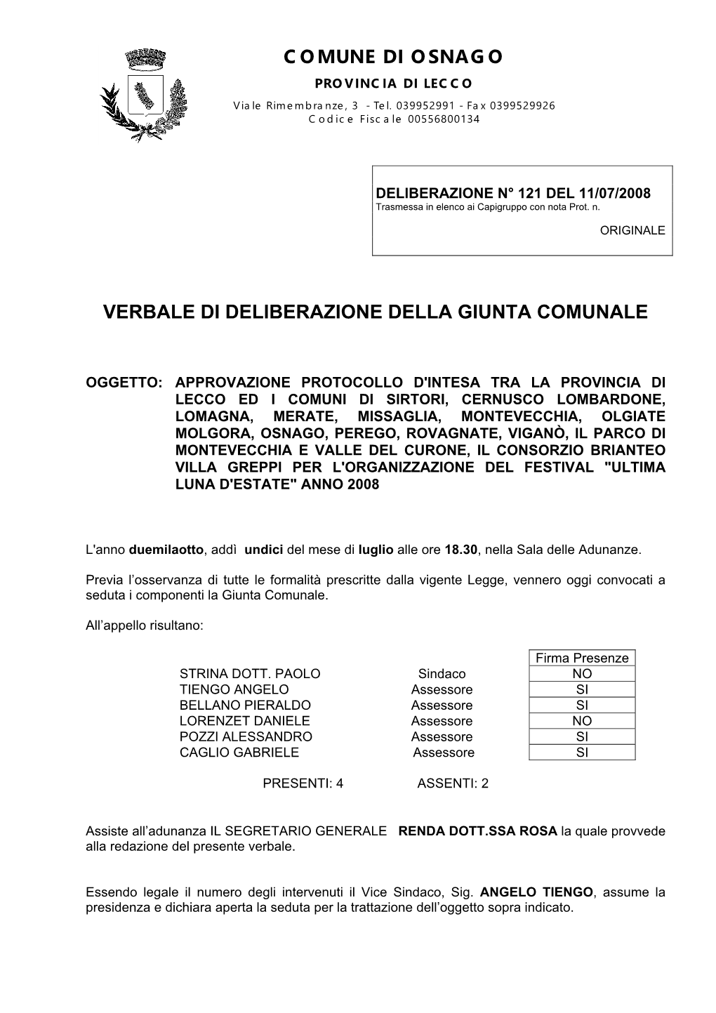 Comune Di Osnago Verbale Di Deliberazione Della Giunta Comunale