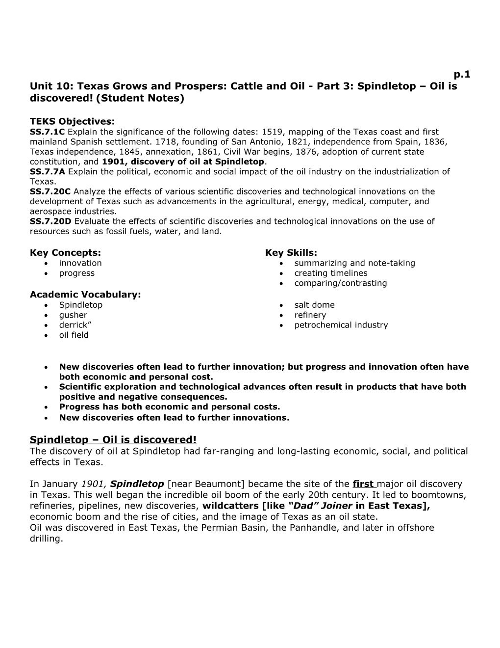 Unit 10: Texas Grows and Prospers: Cattle and Oil - Part 3: Spindletop Oil Is Discovered!