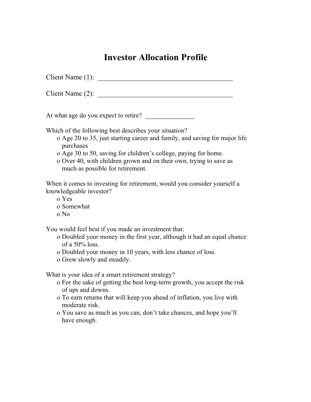 Risk Tolerance Profile