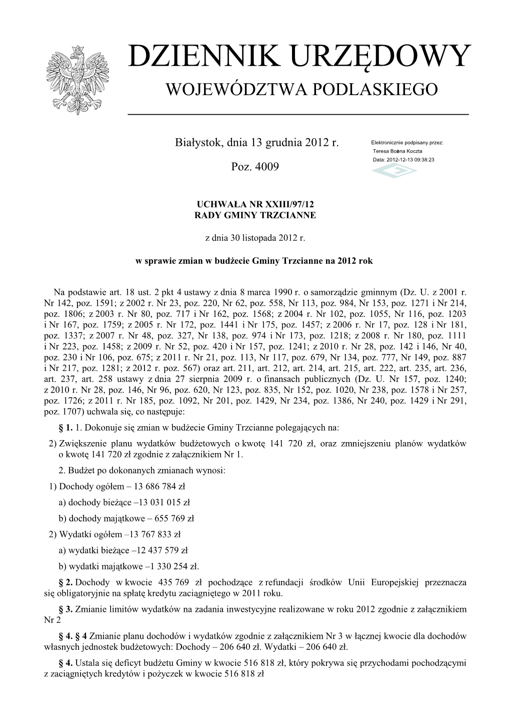 Uchwała Nr XXIII/97/12 Z Dnia 30 Listopada 2012 R