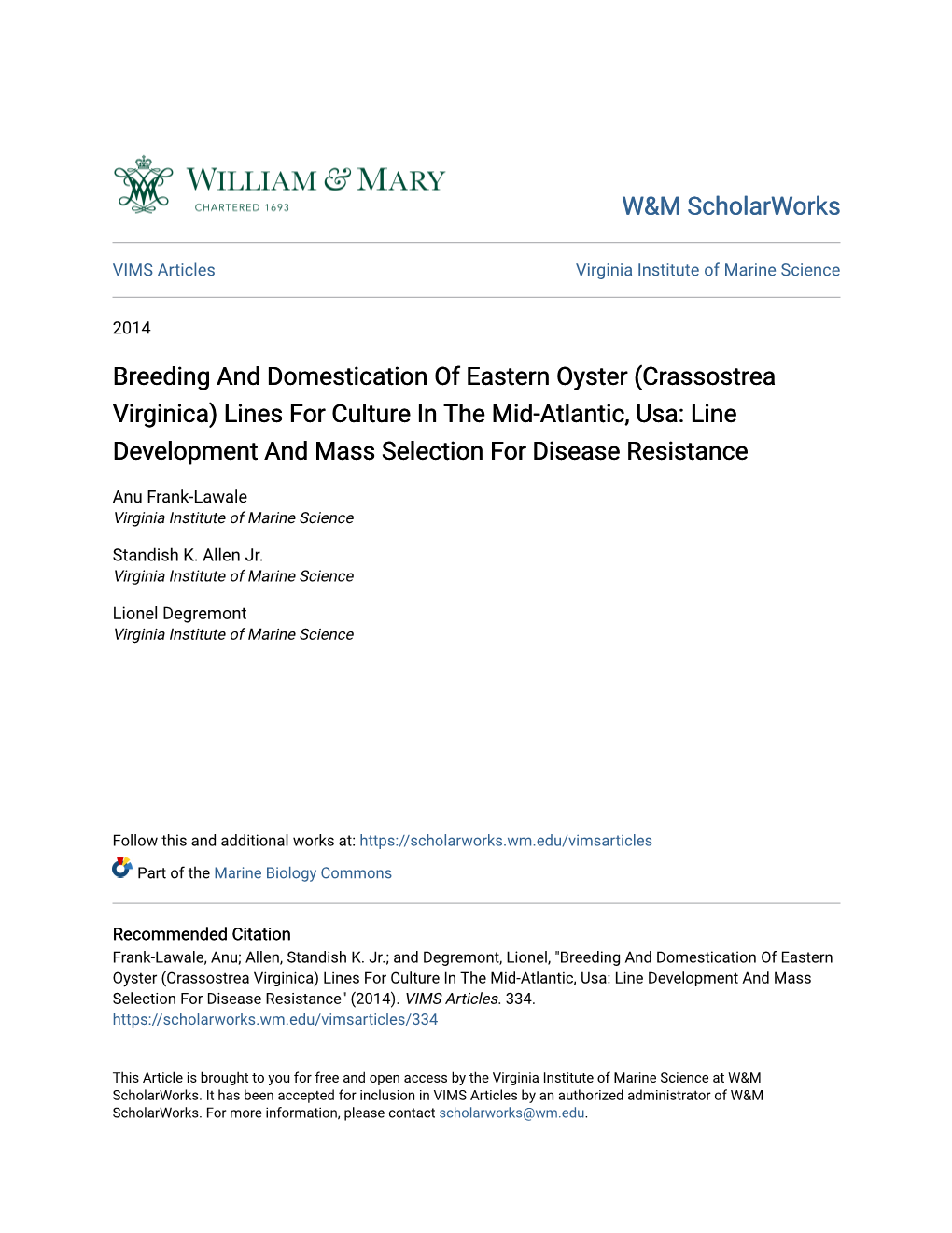 Breeding and Domestication of Eastern Oyster (Crassostrea