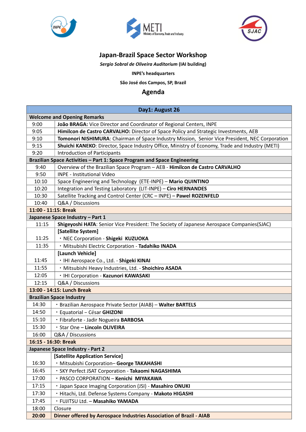 Japan-Brazil Space Sector Workshop Agenda