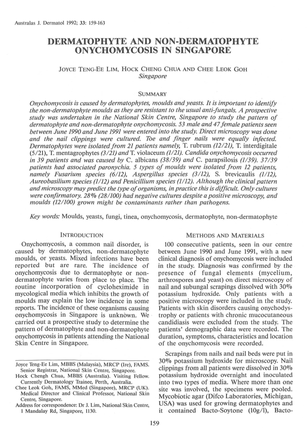 Dermatophyte and Non-Dermatophyte Onychomycosis in Singapore