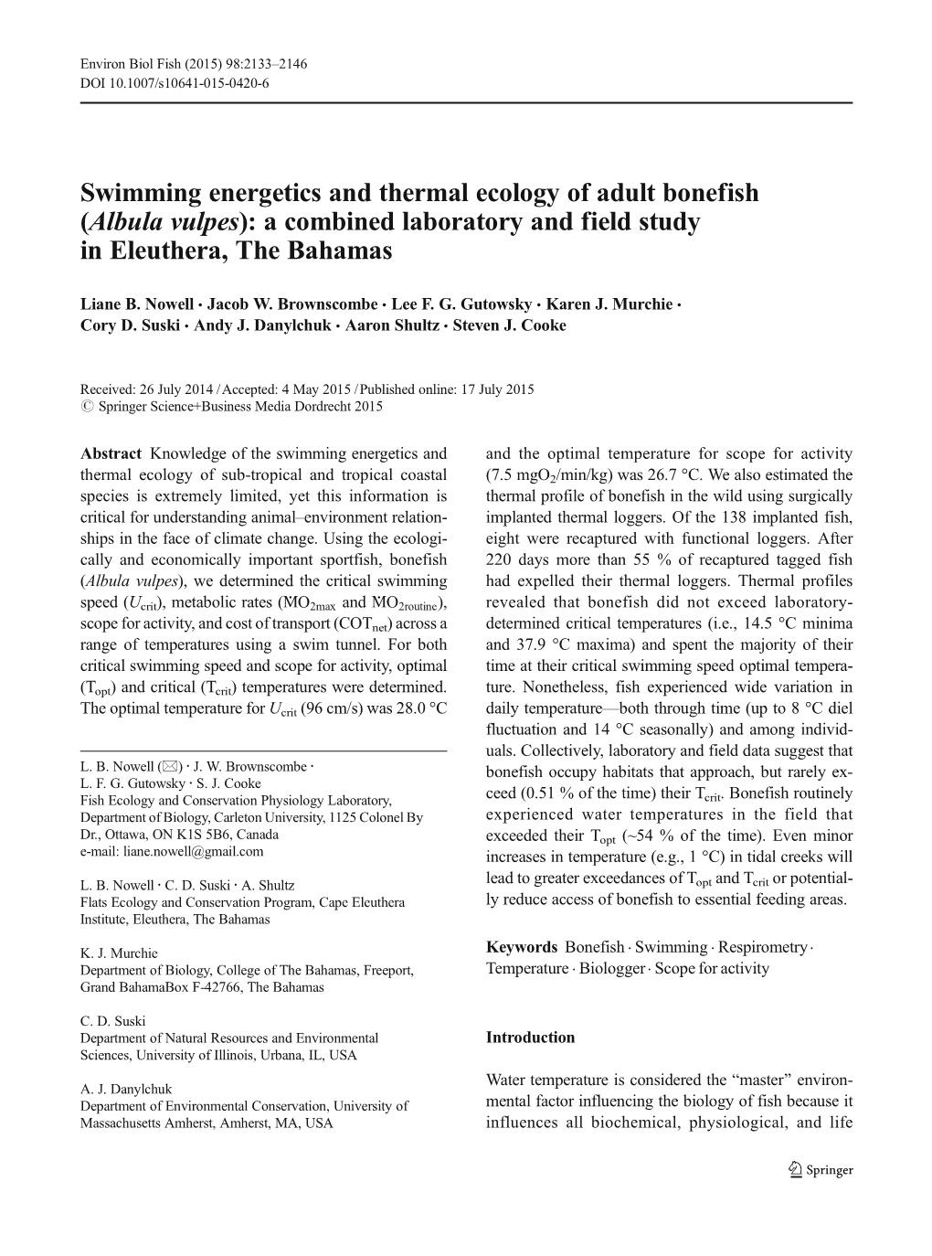 Swimming Energetics and Thermal Ecology of Adult Bonefish (Albula Vulpes): a Combined Laboratory and Field Study in Eleuthera, the Bahamas