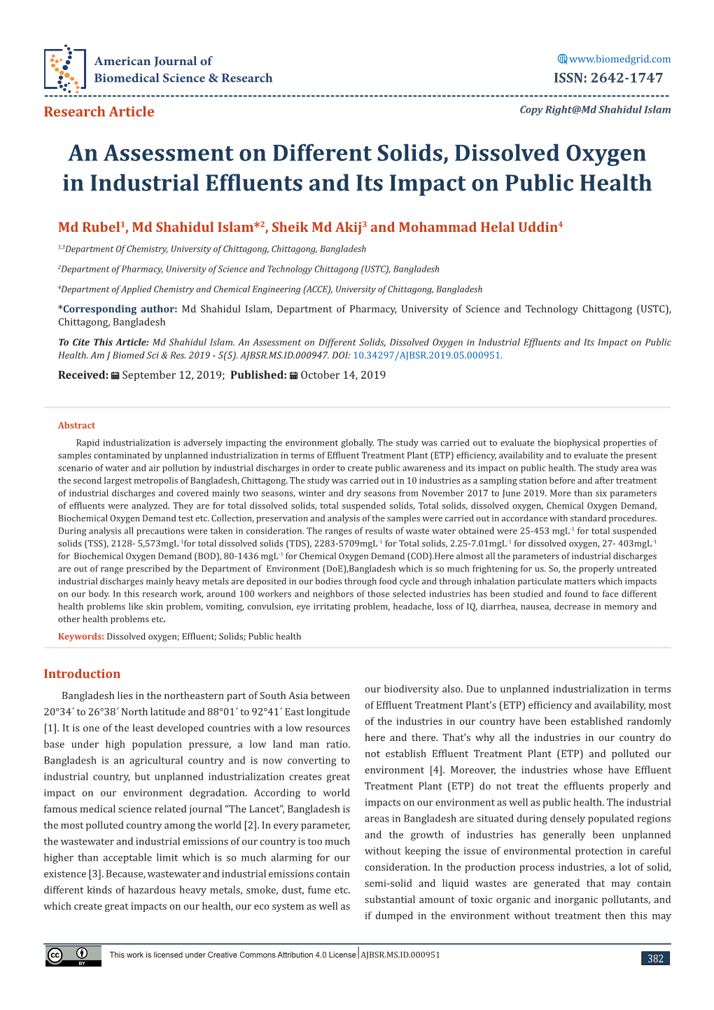 An Assessment on Different Solids, Dissolved Oxygen in Industrial Effluents and Its Impact on Public Health