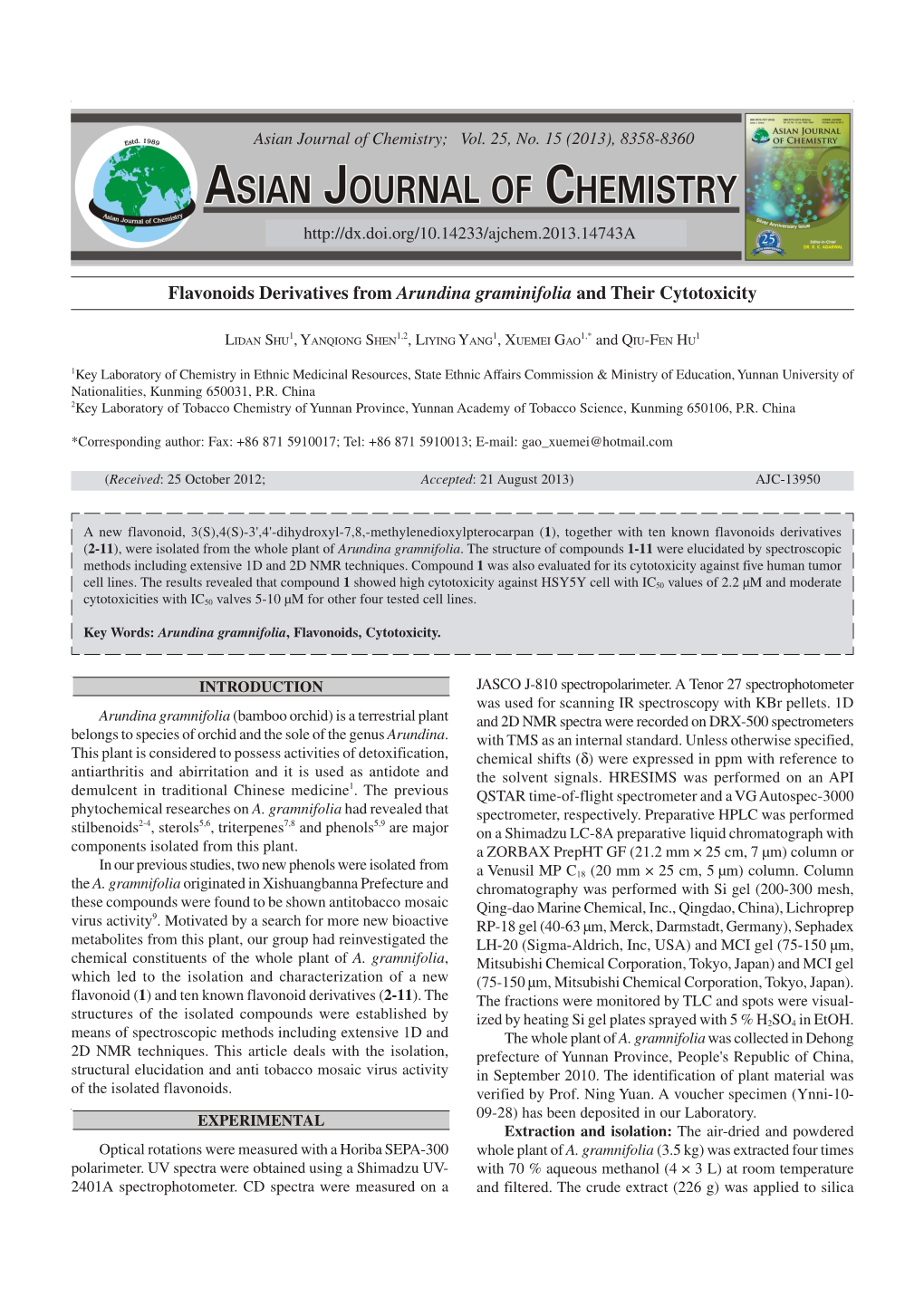 Flavonoids Derivatives from Arundina Graminifolia and Their Cytotoxicity