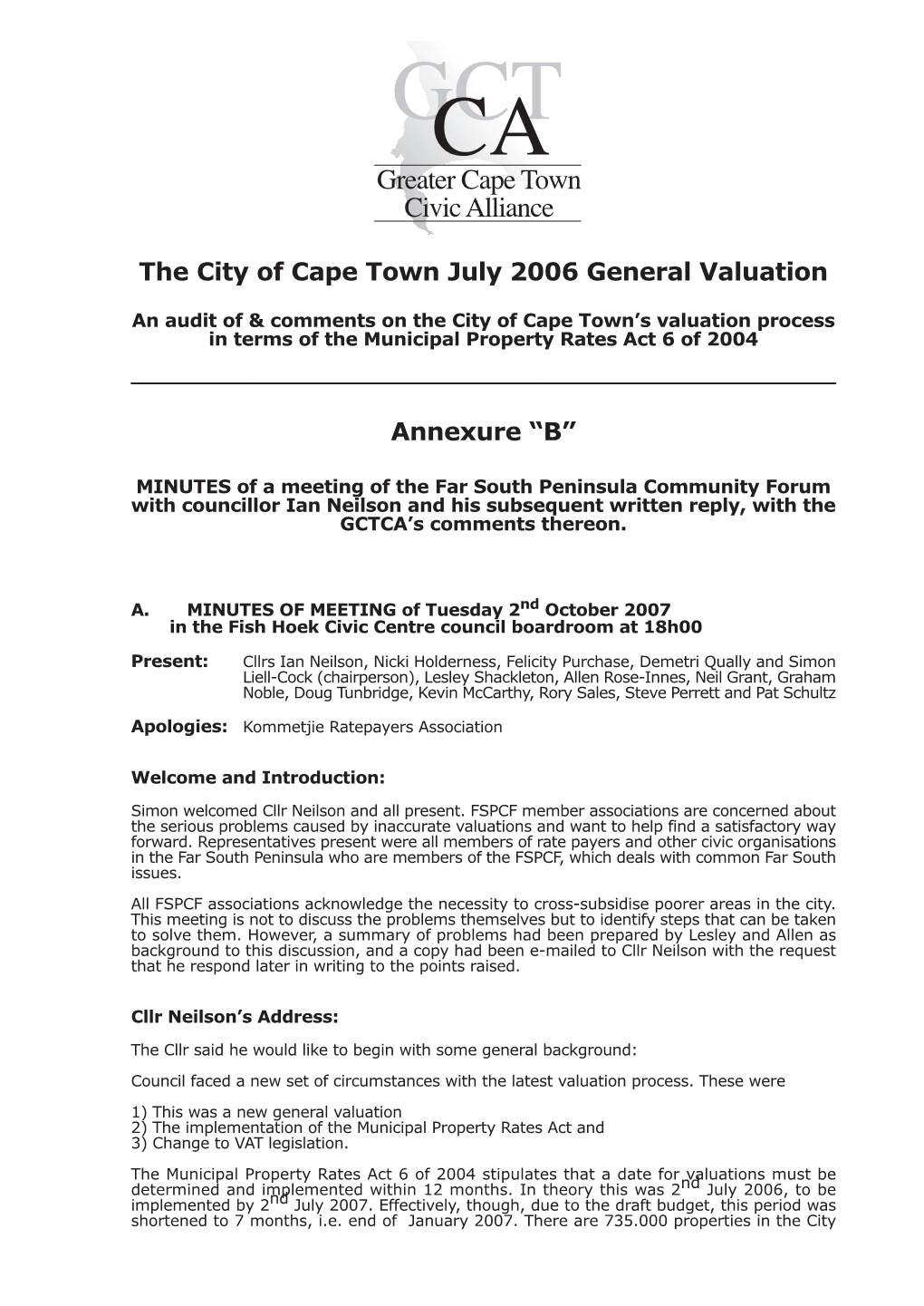 The City of Cape Town July 2006 General Valuation Annexure