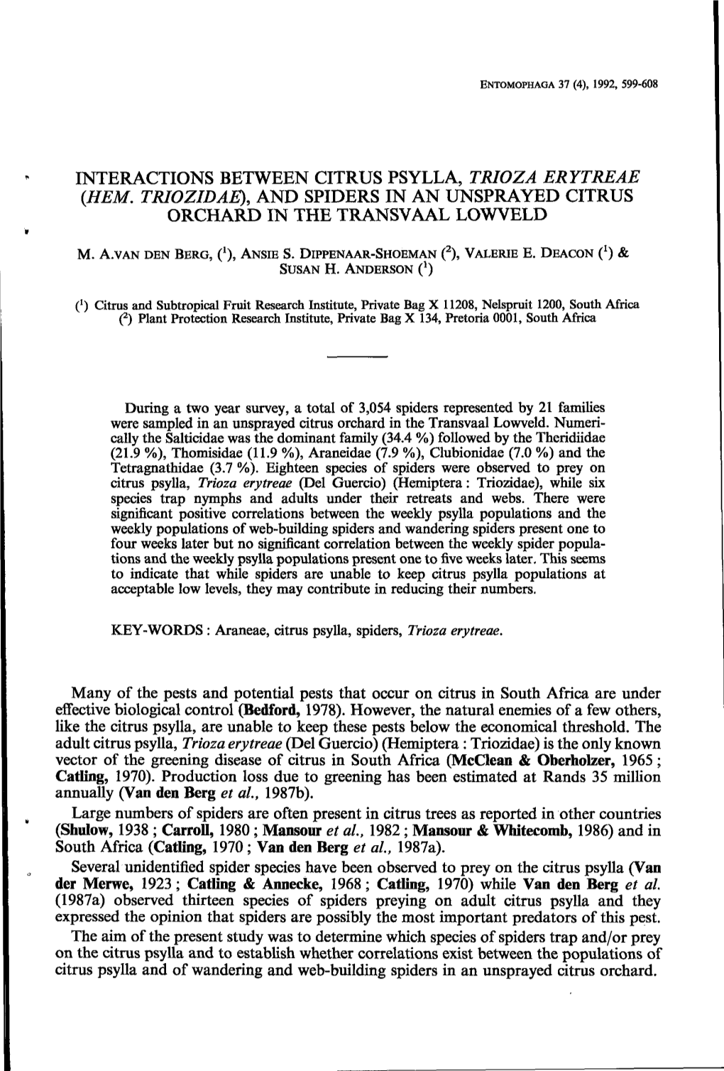 Interactions Between Citrus Psylla, Trioza Erytreae (Hem