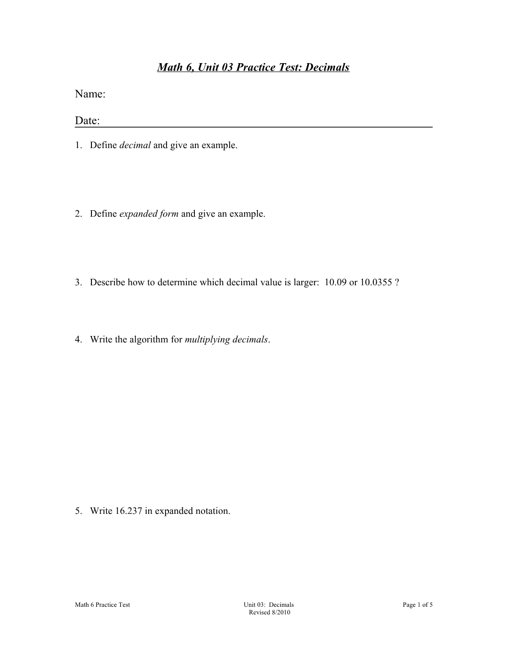 Math 6, Unit 03 Practice Test: Decimals