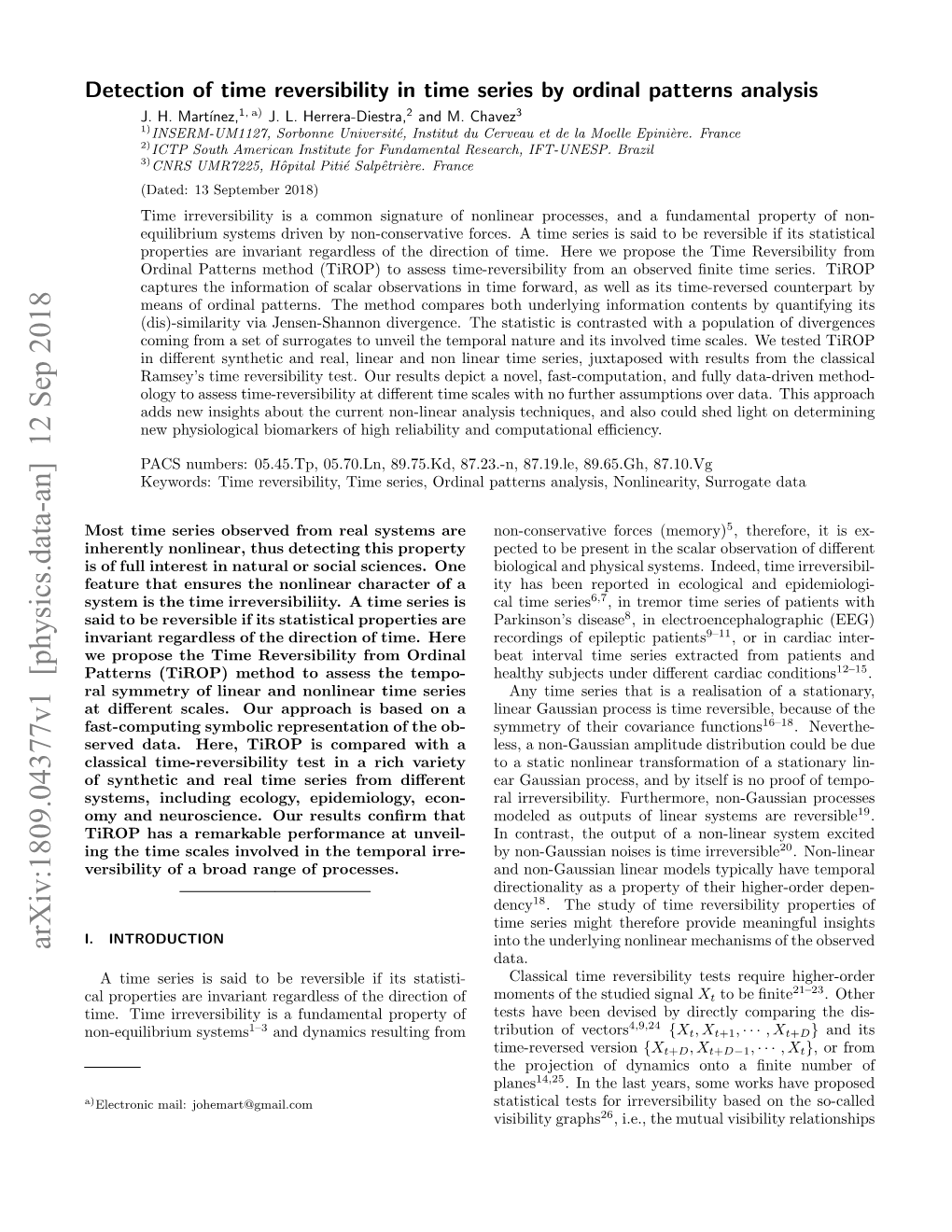 Detection of Time Reversibility in Time Series by Ordinal Patterns Analysis J