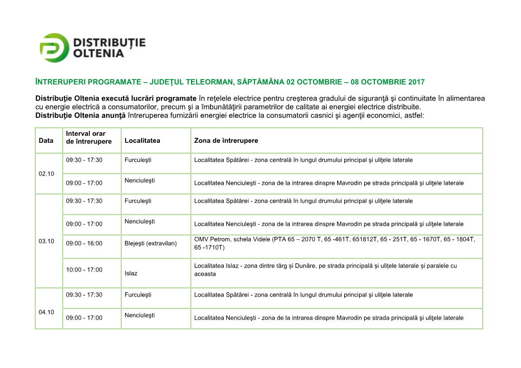 Întreruperi Programate – Judeţul Teleorman, Săptămâna 02 Octombrie – 08 Octombrie 2017