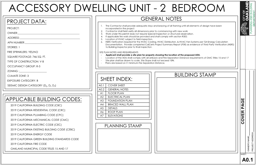 Accessory Dwelling Unit - 2 Bedroom General Notes Project Data