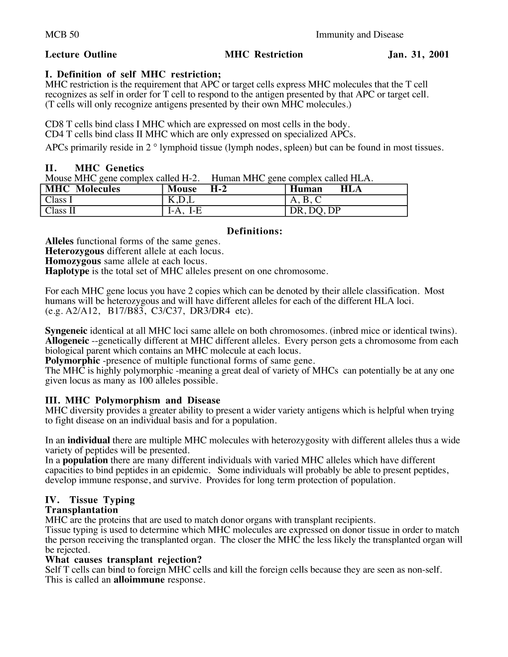 MCB 50 Immunity and Disease Lecture Outline MHC Restriction Jan