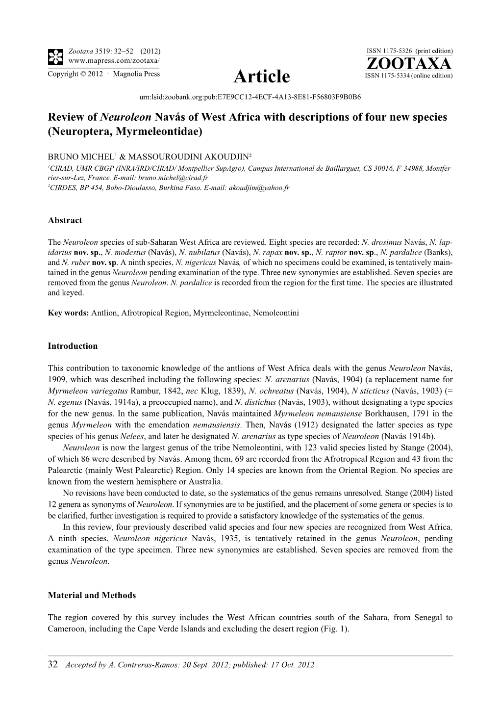 Review of Neuroleon Navás of West Africa with Descriptions of Four New Species (Neuroptera, Myrmeleontidae)