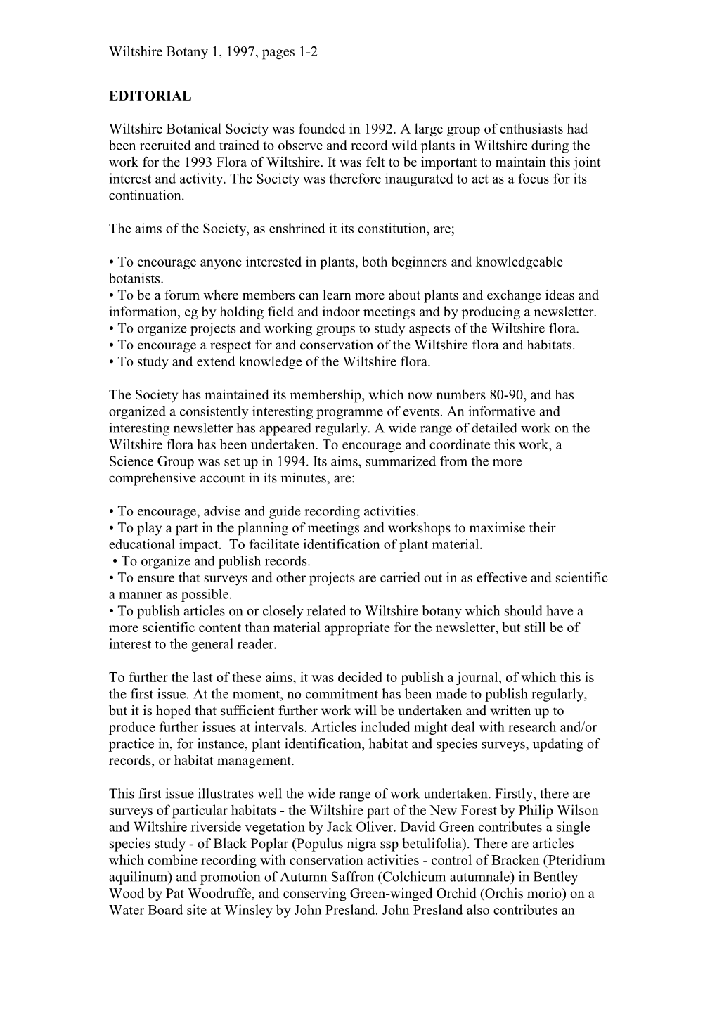 Wiltshire Botany 1, 1997, Pages 1-2 EDITORIAL Wiltshire Botanical