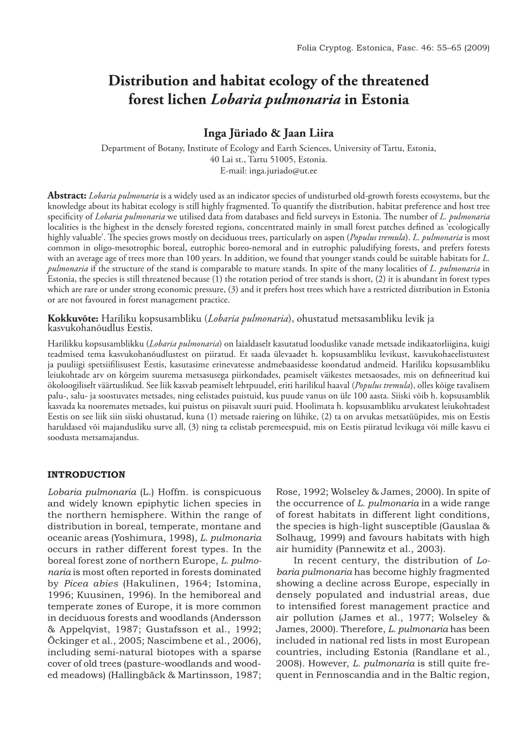 Distribution and Habitat Ecology of the Threatened Forest Lichen Lobaria Pulmonaria in Estonia