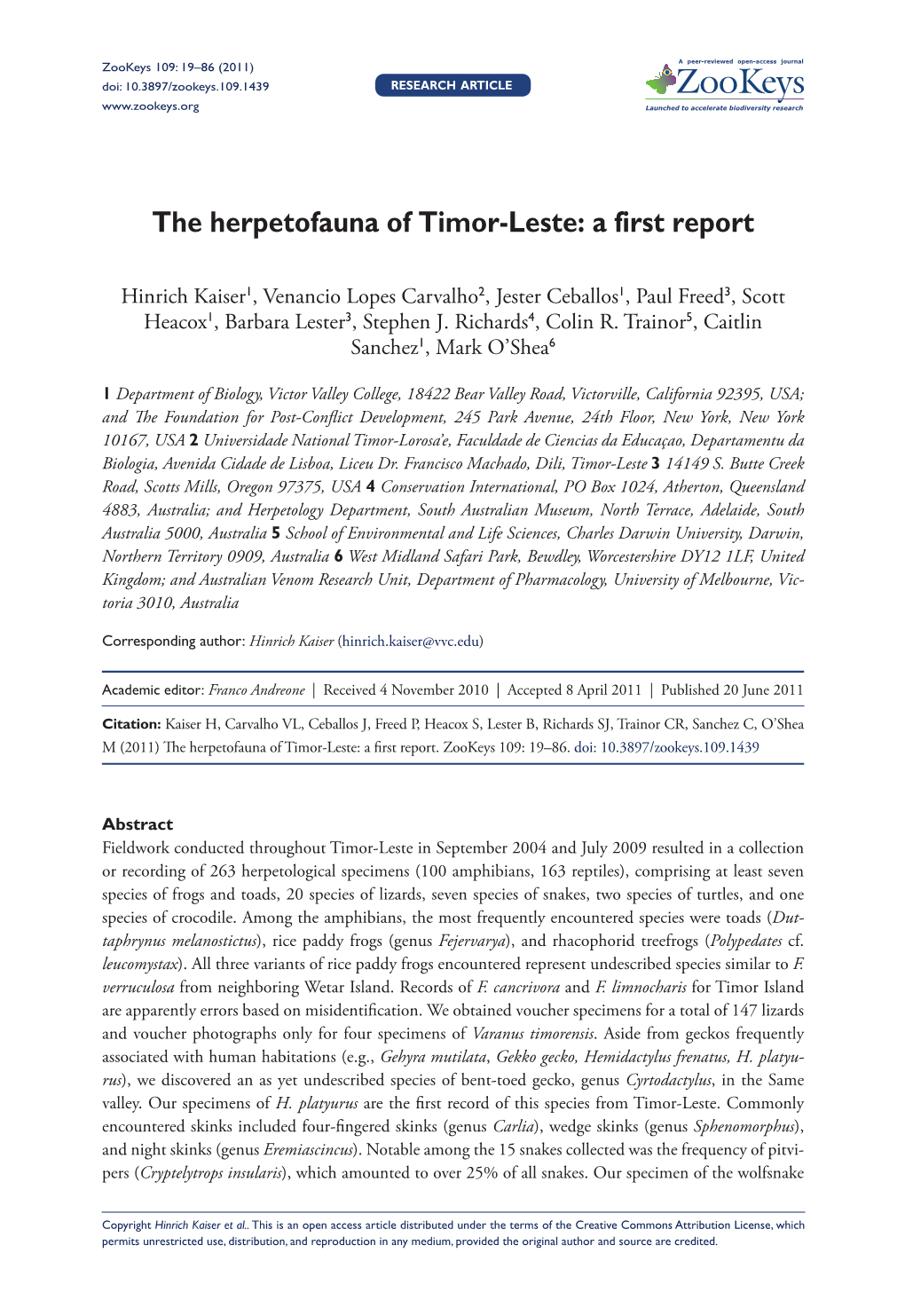 The Herpetofauna of Timor-Leste: a First Report 19 Doi: 10.3897/Zookeys.109.1439 Research Article Launched to Accelerate Biodiversity Research