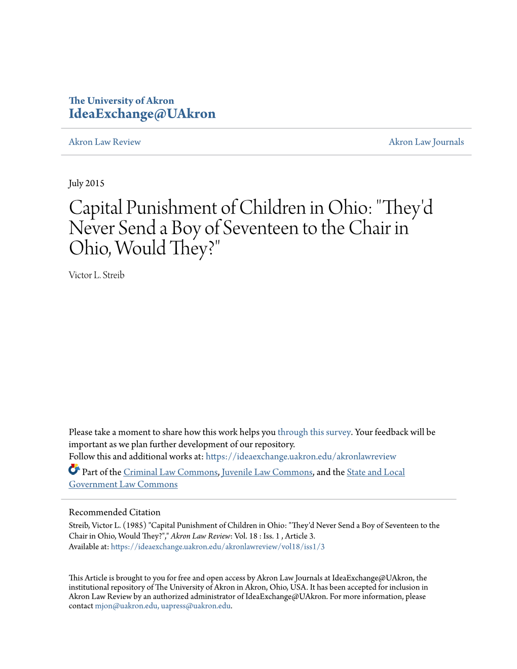 Capital Punishment of Children in Ohio: "They'd Never Send a Boy of Seventeen to the Chair in Ohio, Would They?" Victor L