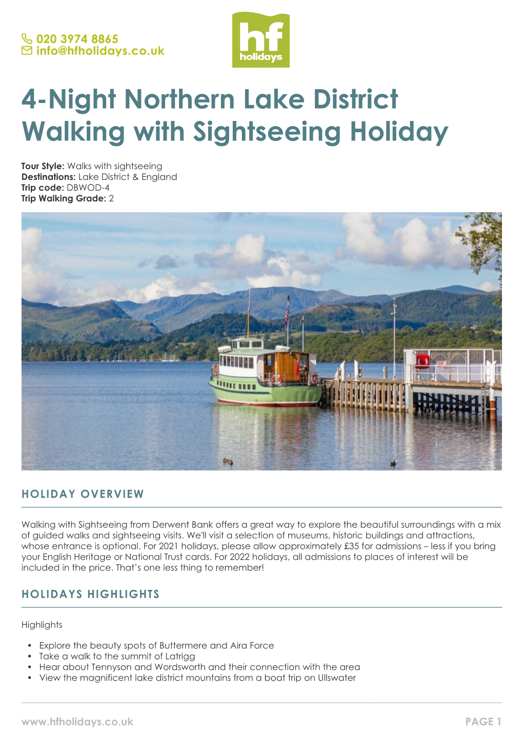 4-Night Northern Lake District Walking with Sightseeing Holiday