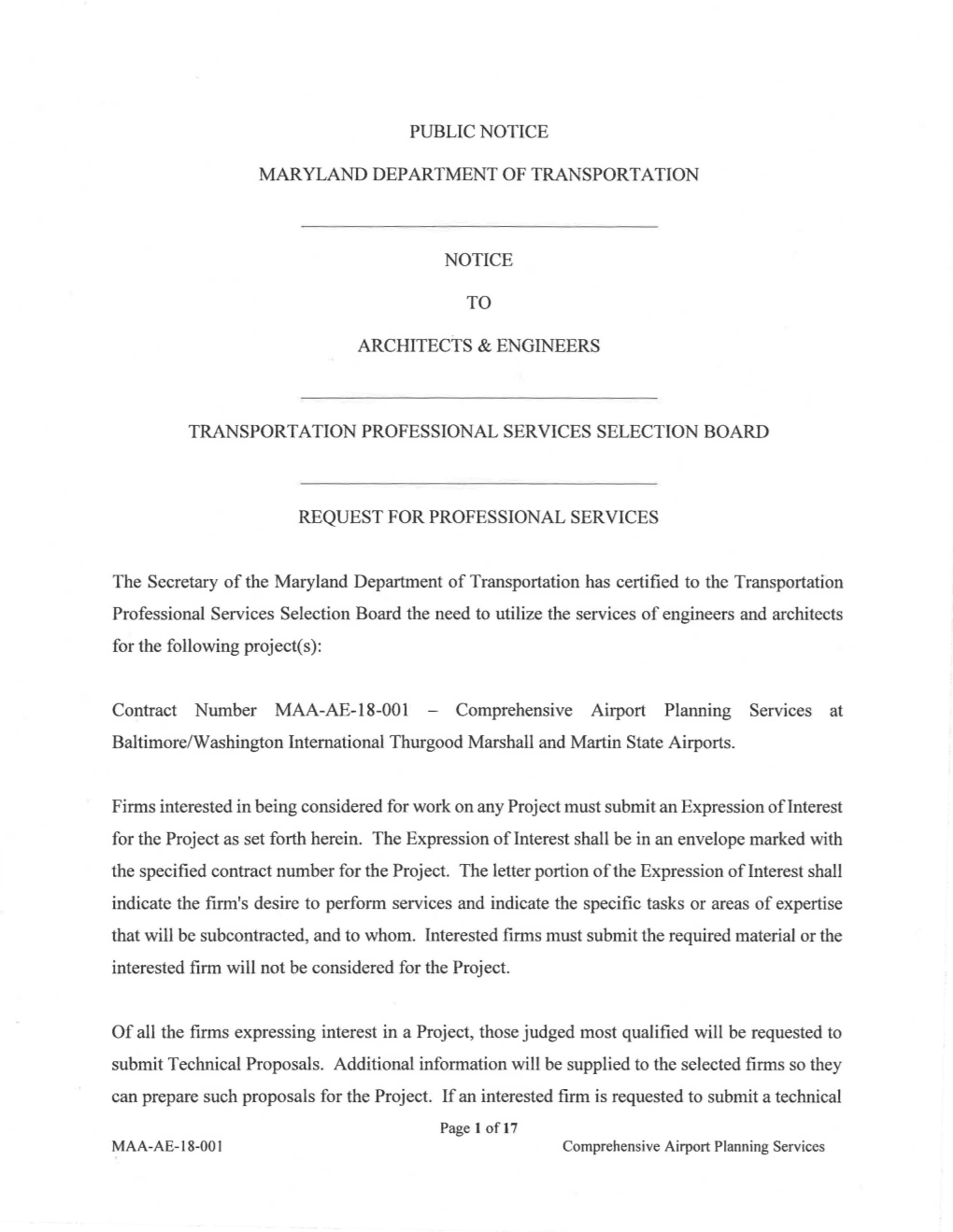 Public Notice Maryland Department of Transportation Notice to Architects & Engineers Transportation Professional Services Se