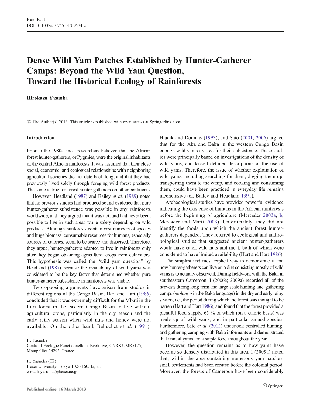 Dense Wild Yam Patches Established by Hunter-Gatherer Camps: Beyond the Wild Yam Question, Toward the Historical Ecology of Rainforests