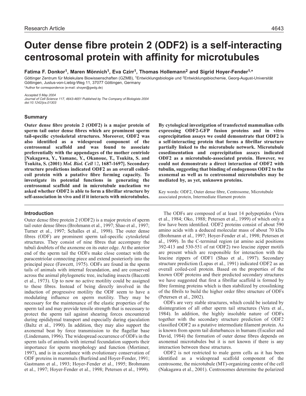 ODF2) Is a Self-Interacting Centrosomal Protein with Affinity for Microtubules