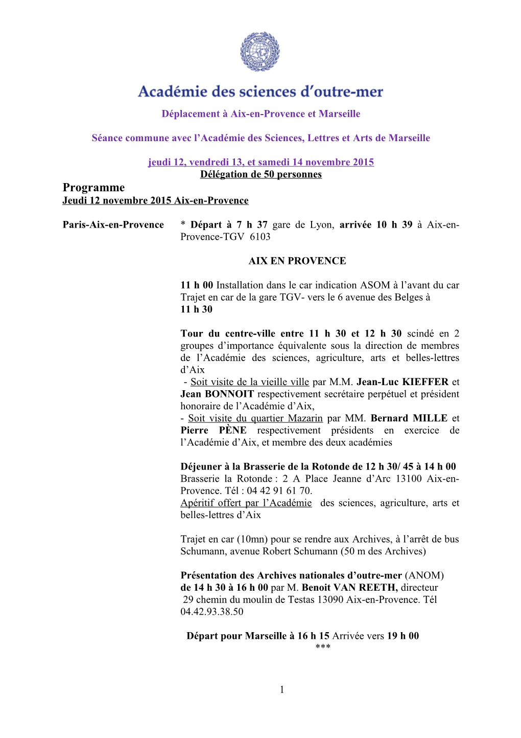 Programme Jeudi 12 Novembre 2015 Aix-En-Provence