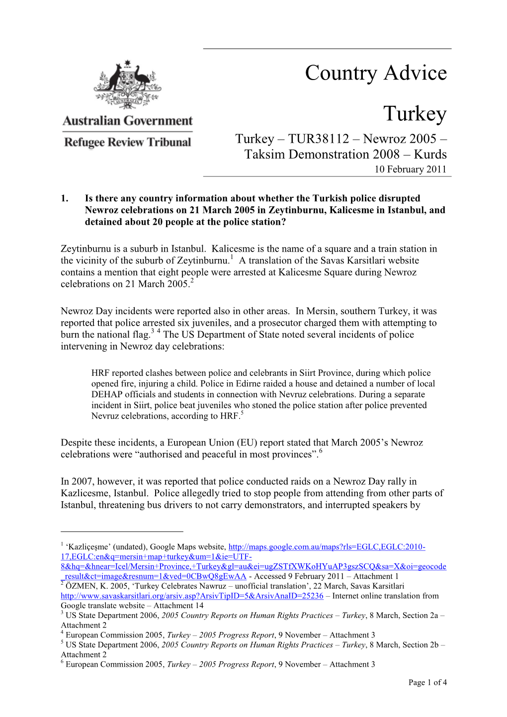 Country Advice Turkey Turkey – TUR38112 – Newroz 2005 –