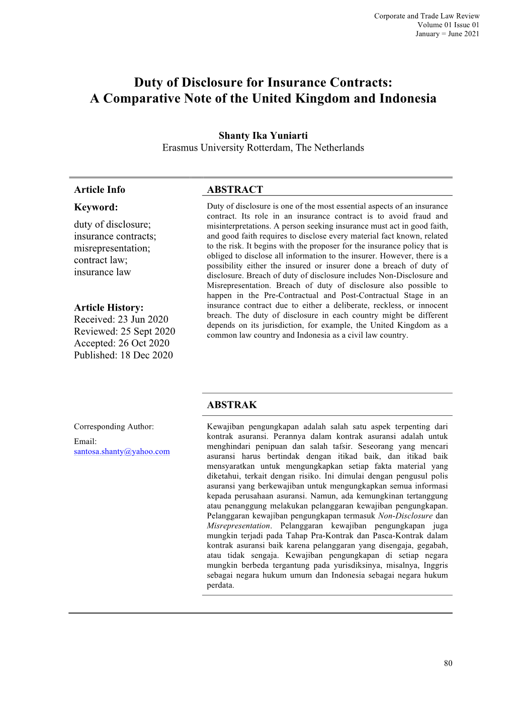 Duty of Disclosure for Insurance Contracts: a Comparative Note of the United Kingdom and Indonesia